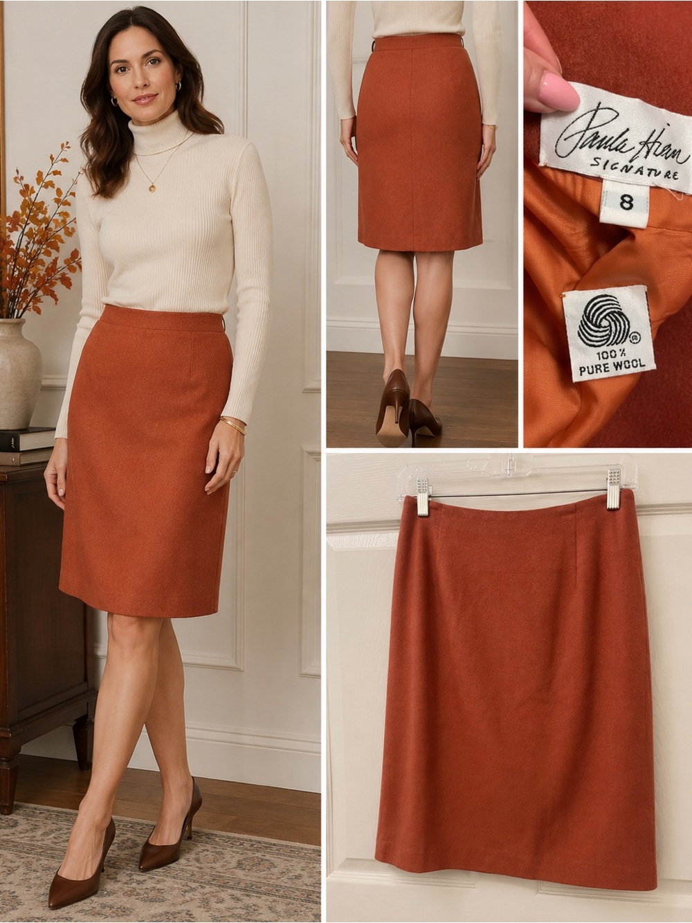 Paula Hian Signature VTG 100% Pure Wool A-Line Skirt Women’s Size 8 Rust Lined